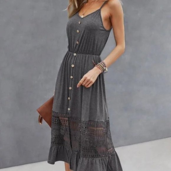 Gray Lace Buttons detail Ruffle Hem Cami Dress - Picture 2 of 6